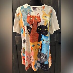 Whimsical Multicolor Cat Print Top - XL